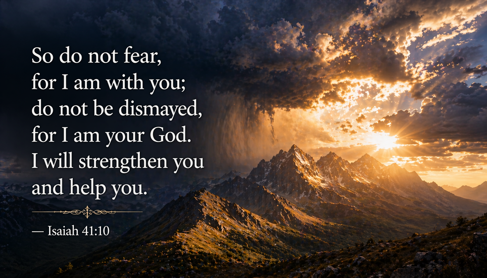 Storm breaking apart over mountain range golden light bursting through dark clouds peaks glowing -- Isaiah 41:10 do not fear wallpaper